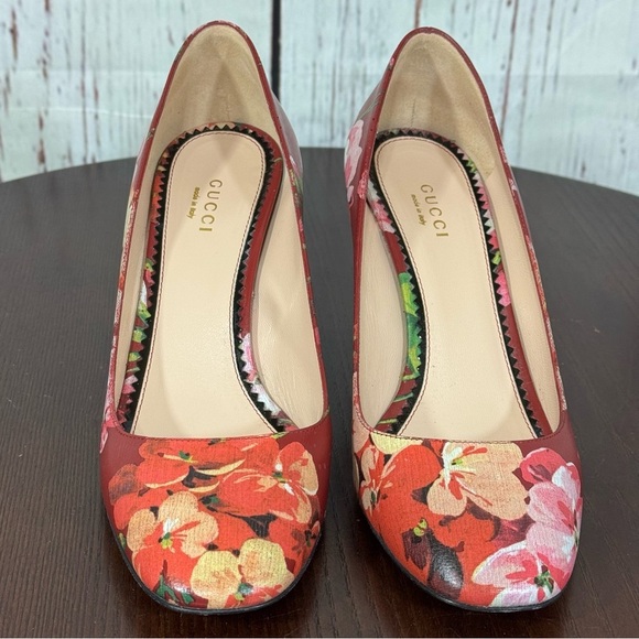 GUCCI BLOOM women’s Napa leather Red Floral 3” Heels Round Toe in size 37.5 - Picture 14 of 17